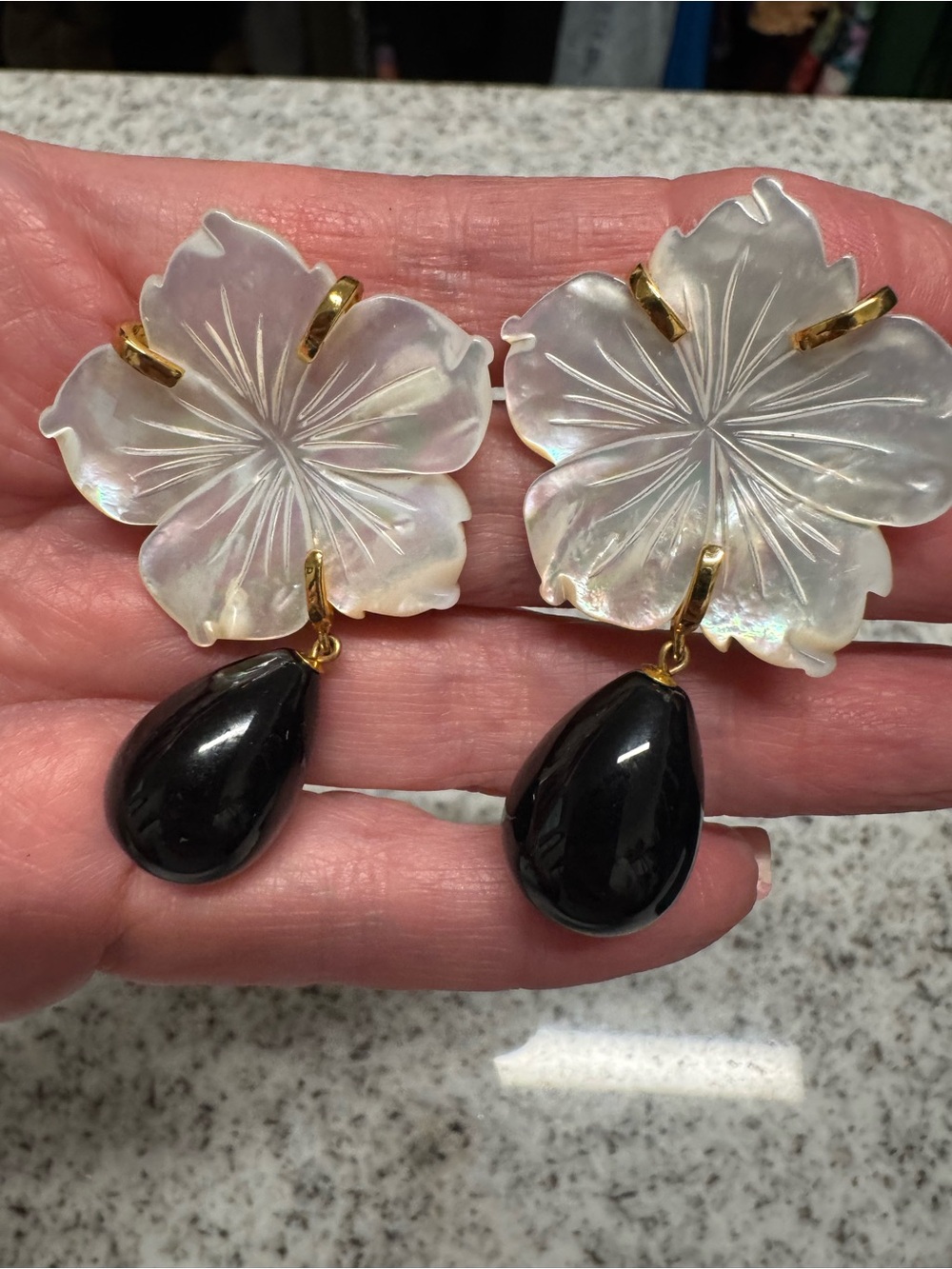 Lizzie Fortunato Mother-of-Pearl Floral Drop Earrings with Black Teardrop Accent